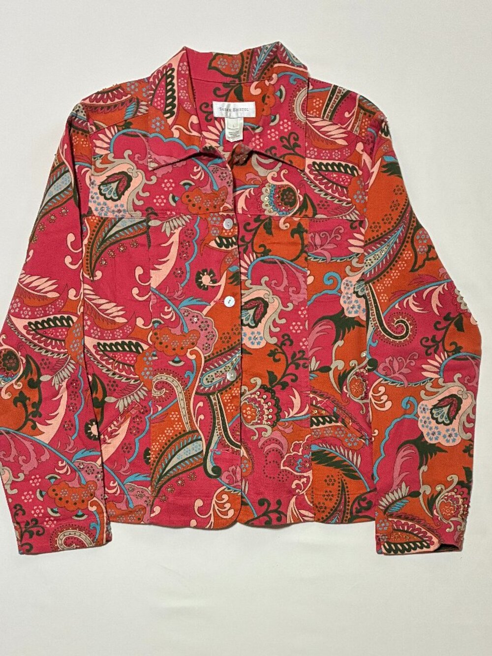 Susan Bristol Button-Up Jacket; Paisley; Pink/Orange/Blue; Beaded; Size Large